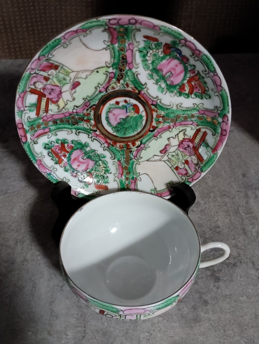 Vintage Pink and Green Hand-Painted Teacup and Saucer